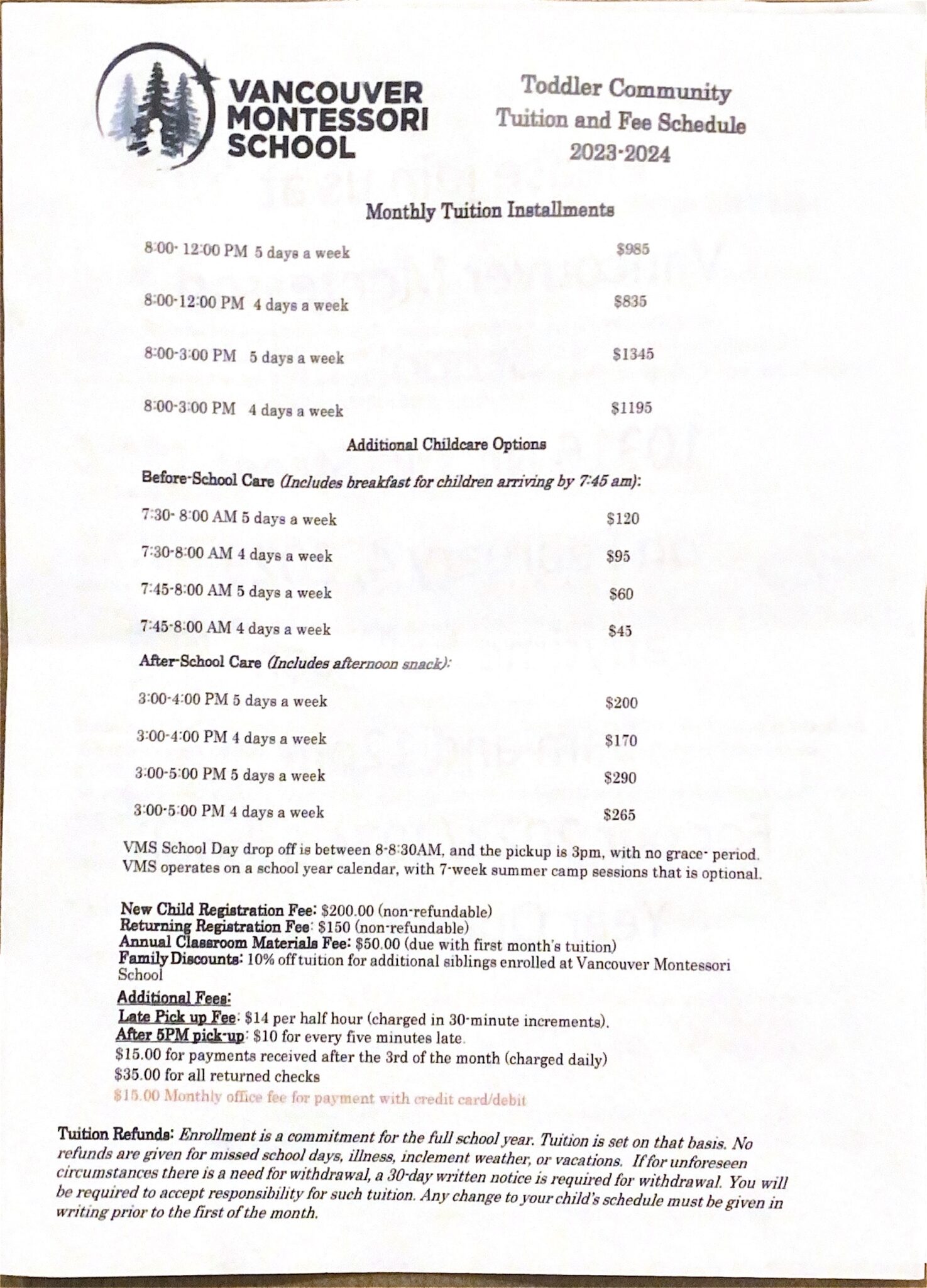 Tuition Vancouver Montessori School